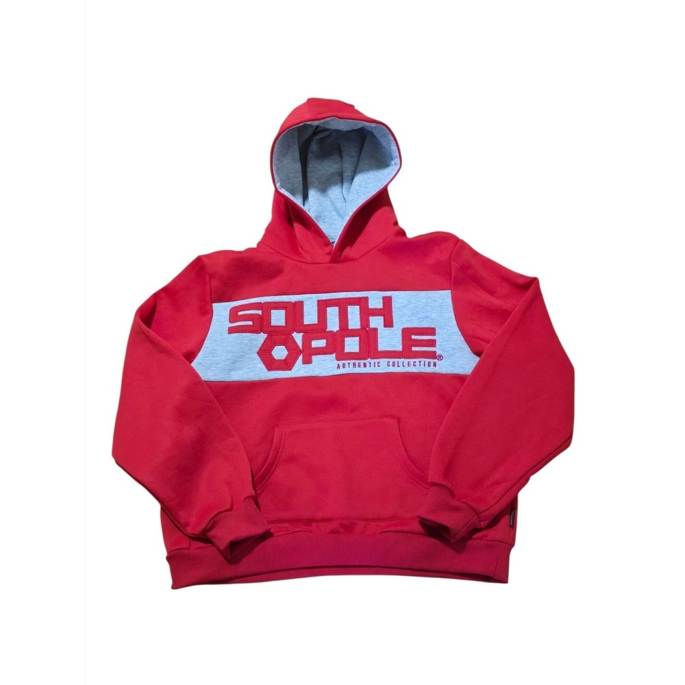 Southpole Hoodie Women Large Red Grey Embroidered Logo Pullover Fleece Y2K